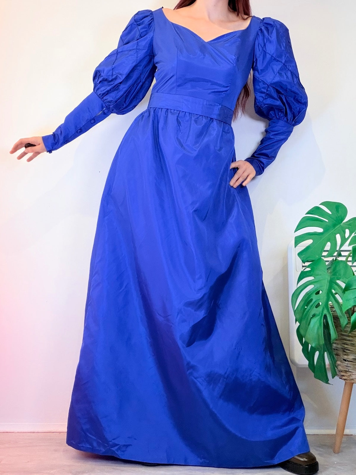 Vintage 1980s Cocktail Dress Blue Puff Sleeve Maxi with Sweetheart Neck Size 12