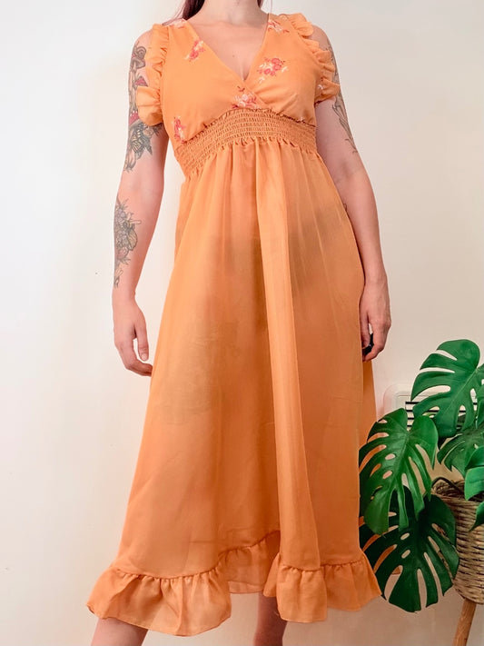 Vintage 1960s Summer Dress Sheer Orange Ruffle Midi with Floral Accents Size 10
