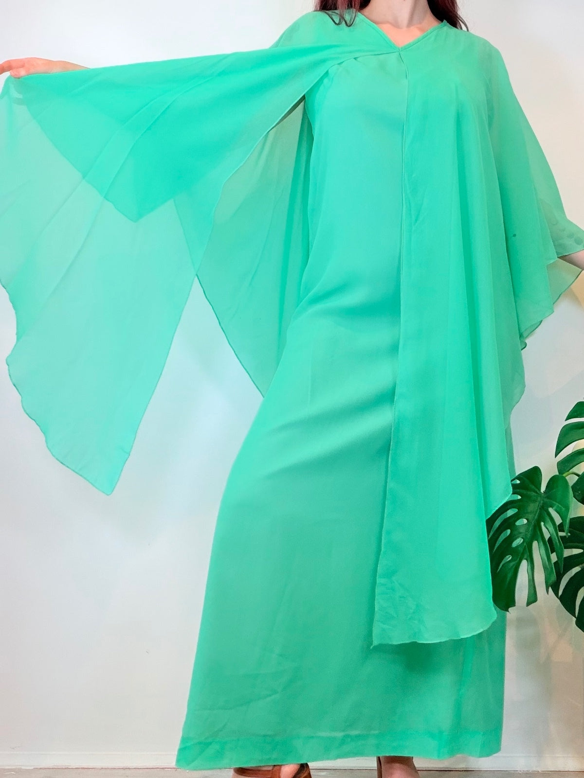 Vintage 1970s Maxi Dress Flowing Green Kaftan Dress with Sheer Overlay Size 14