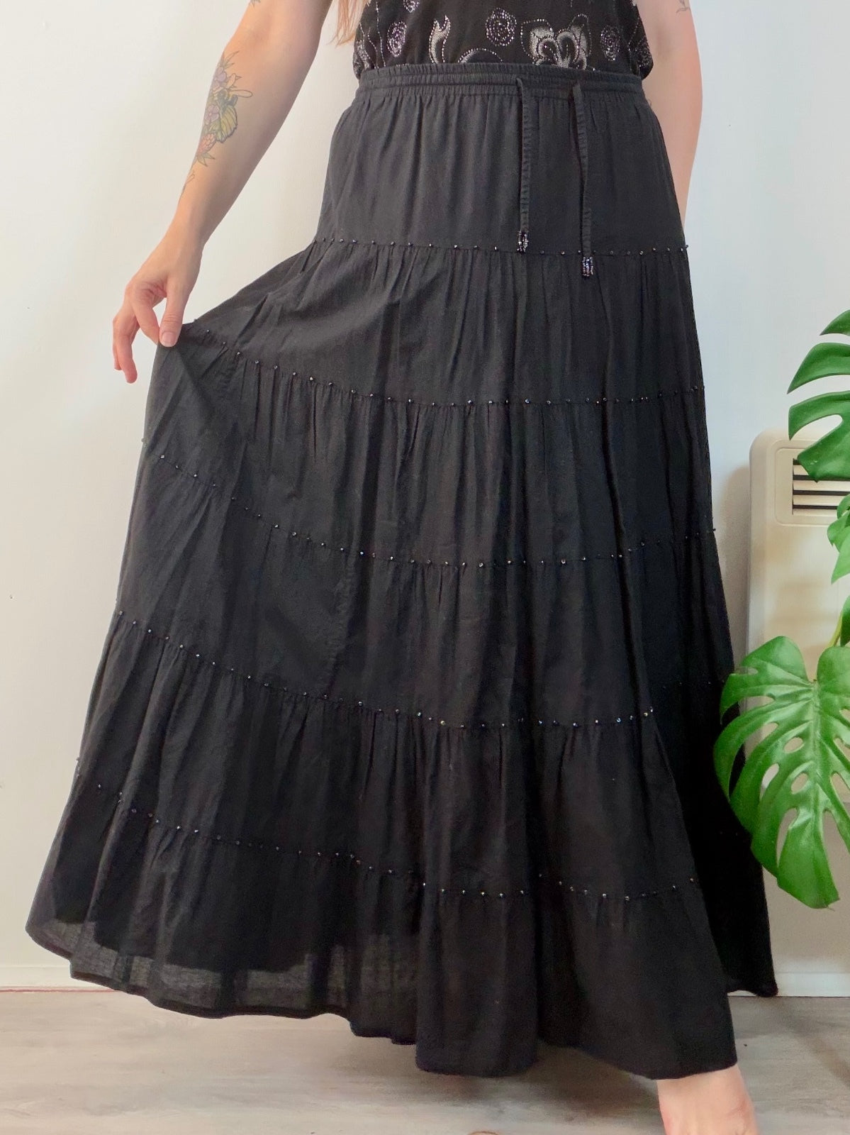 Hippie Boho Maxi Skirt with Beaded Detail Whimsigoth festival long tiered 12