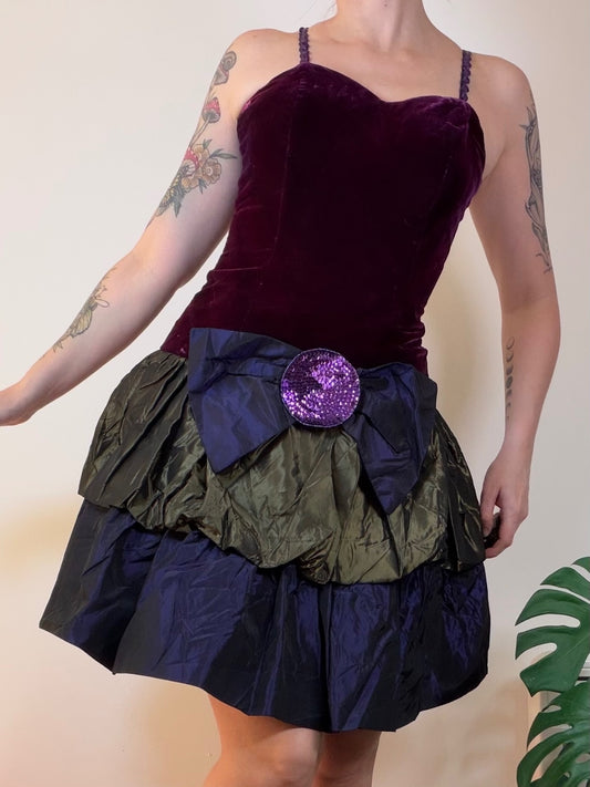 Vintage 1980s Party Dress Purple Velvet Taffeta with Bow Accent Size 10