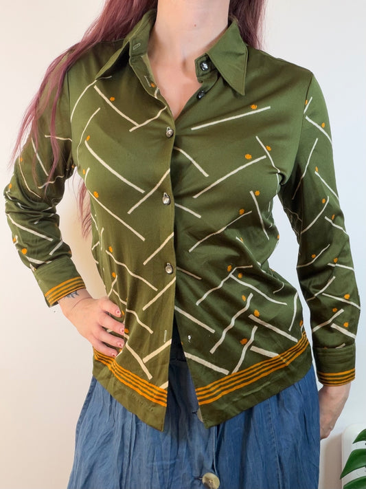 Vintage 1970s Retro Blouse Olive Green Shirt with Geometric Pattern Size 12 14