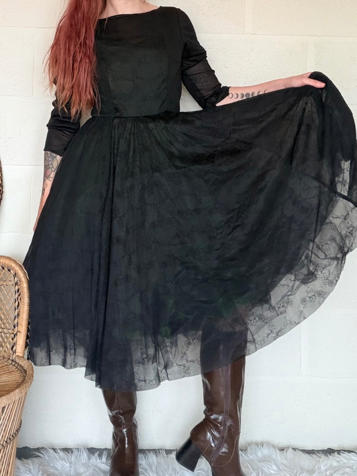 Vintage 1980s Party Dress Black Long Sleeve Midi Dress with Green Lining Size 10