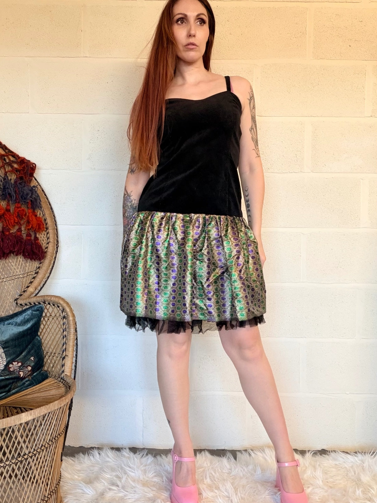 Vintage 1980s Party Dress Black Velvet with Patterned Skirt Dress Size 12