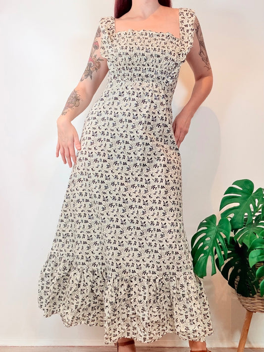 Vintage 1960s Cottagecore Dress Floral Ruffle Maxi with Smocked Bodice Size 8