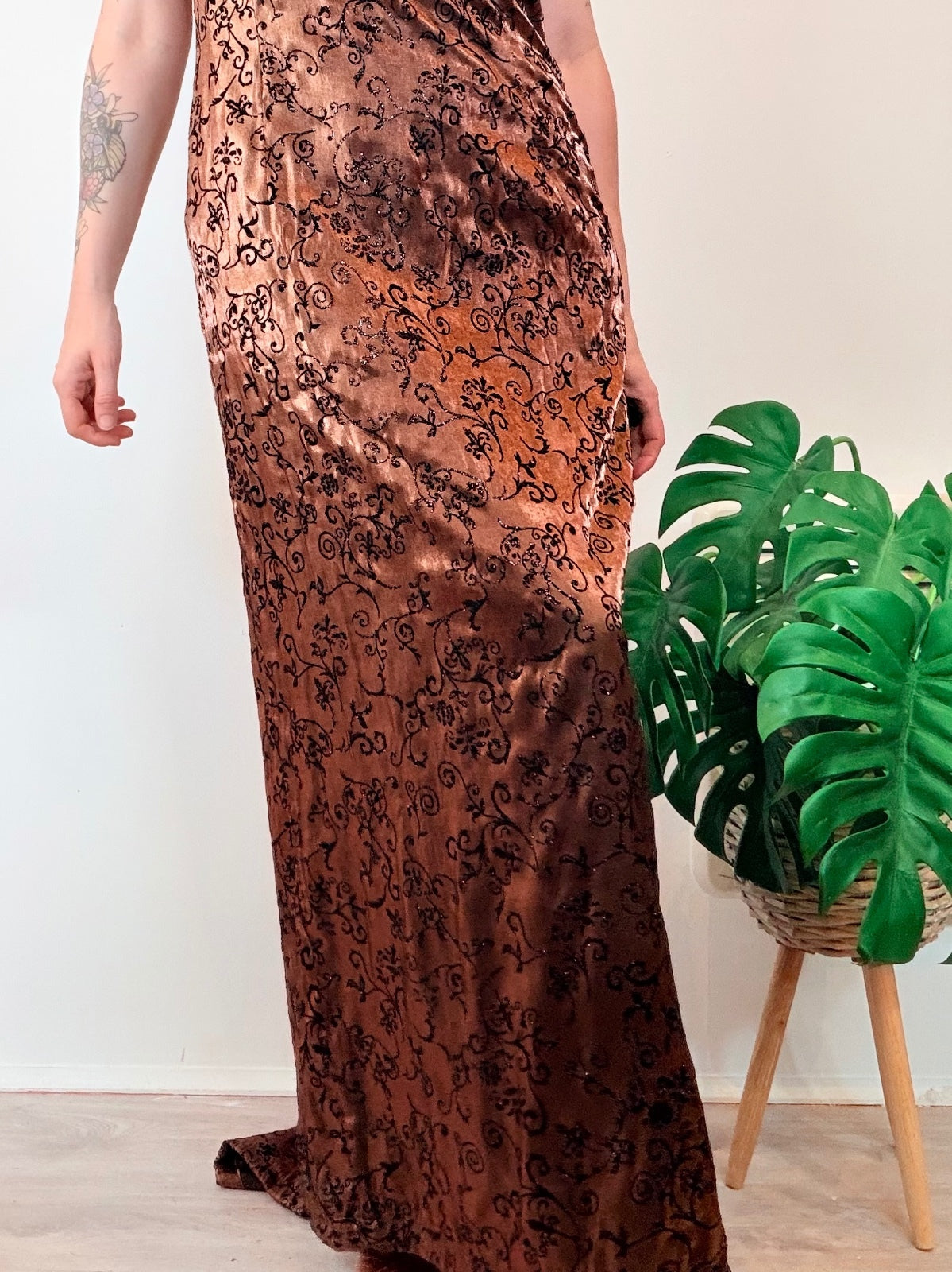 Vintage 1990s Whimsigoth Dress Long Maxi Dress with Elegant Black Swirls Size 14