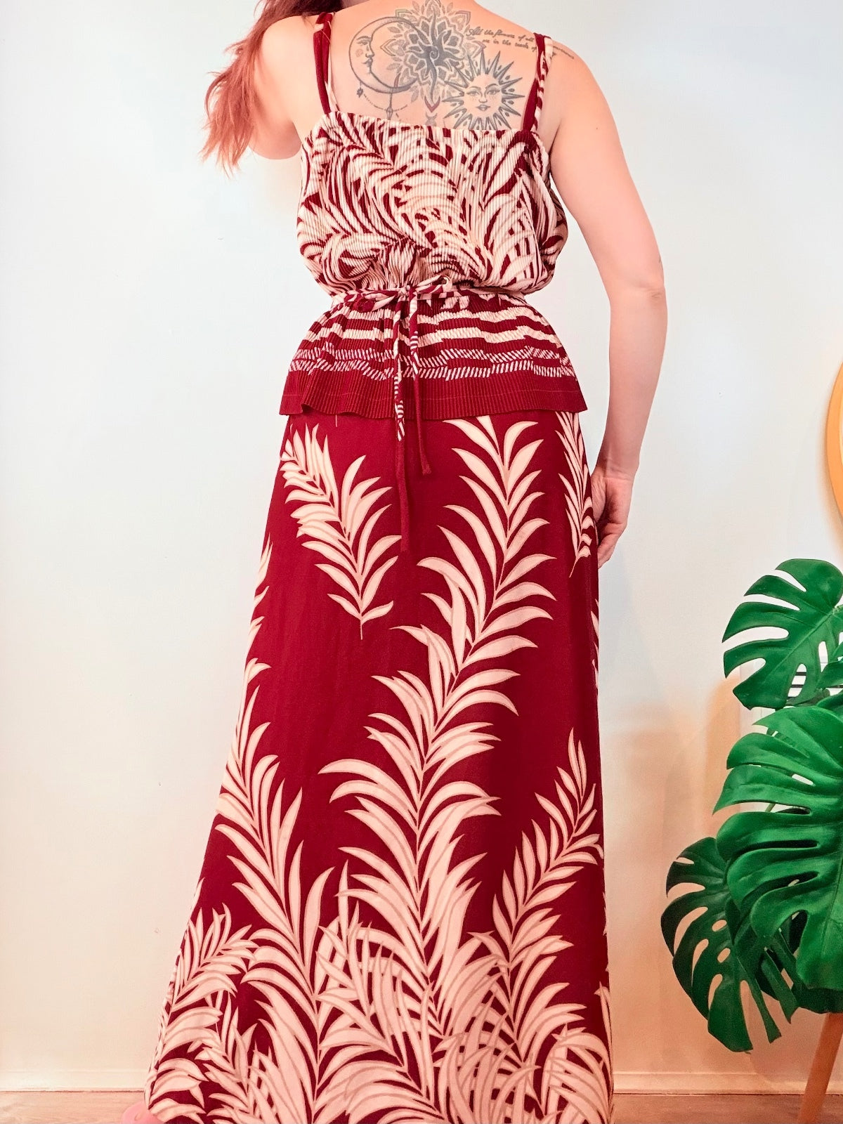 Vintage Maxi Dress Burgundy Cream Leaf Print Long Dress Peplum Waist Size 14