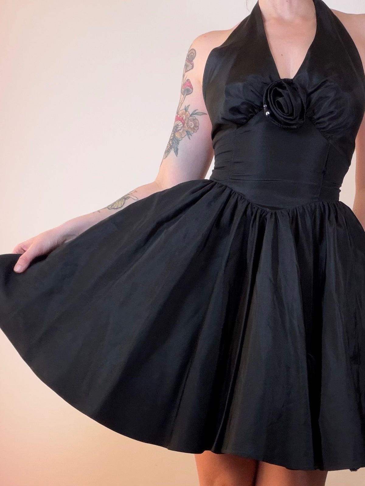 Vintage Black Halter Dress with Flower embellishment and Full Skirt Size 8
