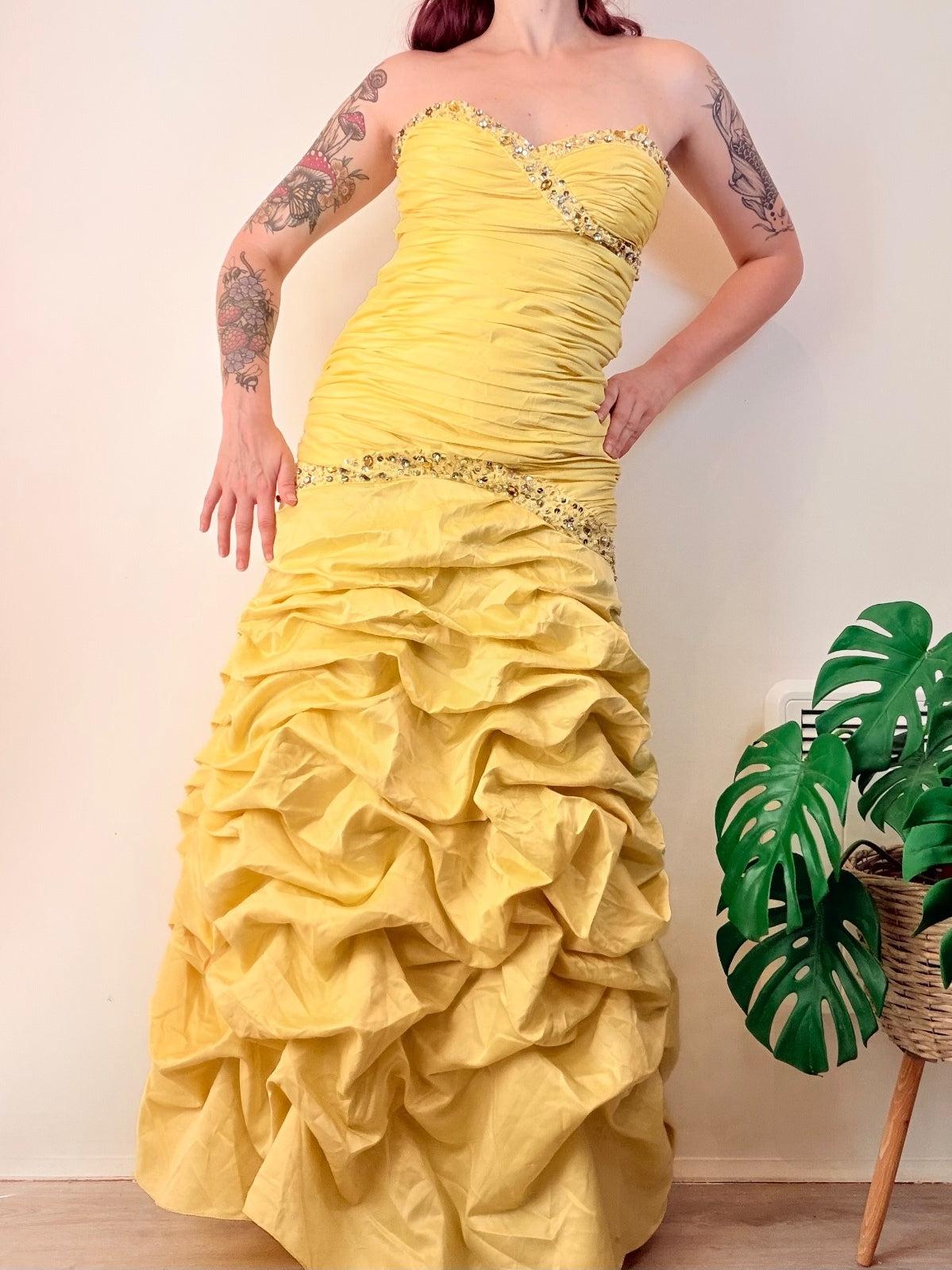 Vintage Evening Gown with Embellishments Yellow Strapless Ruffled Size 10
