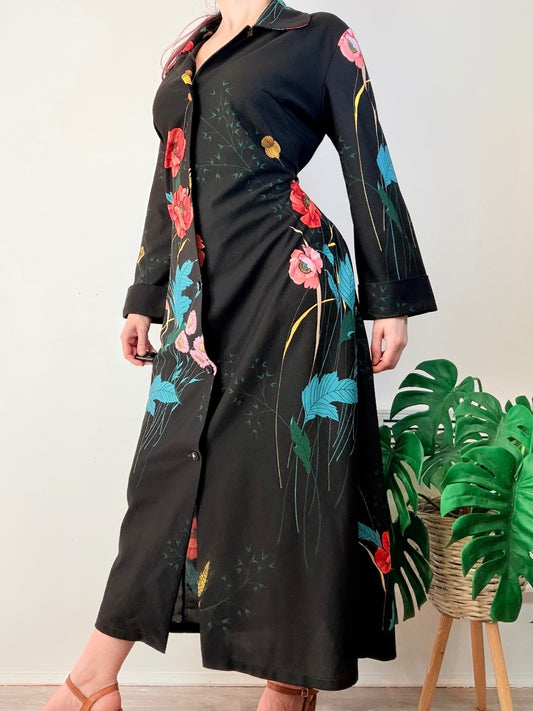 Vintage 1970s Duster Dress Black Floral Button Down Maxi Long Sleeves Size 18