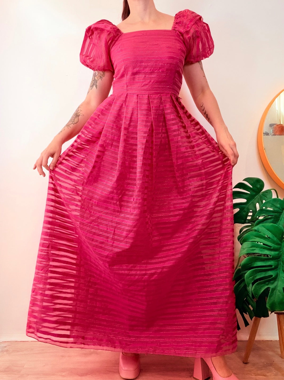 Vintage 1980s Maxi Dress Long Striped Prairie Dress With Puff Sleeves Size 10