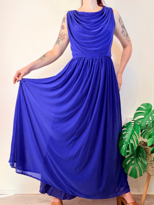 Vintage 1980s Cocktail Dress Long Maxi Dress with Draped Neckline Size 14