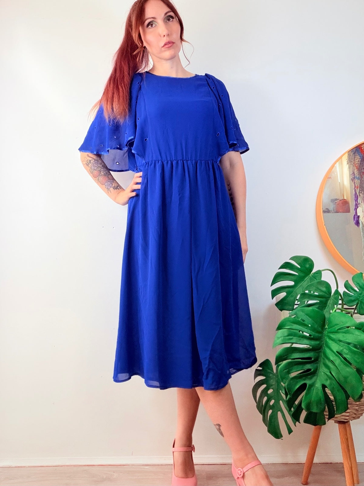 Vintage 1980s Floaty Dress Blue Midi with Eyelet Cape Sleeves Size 14