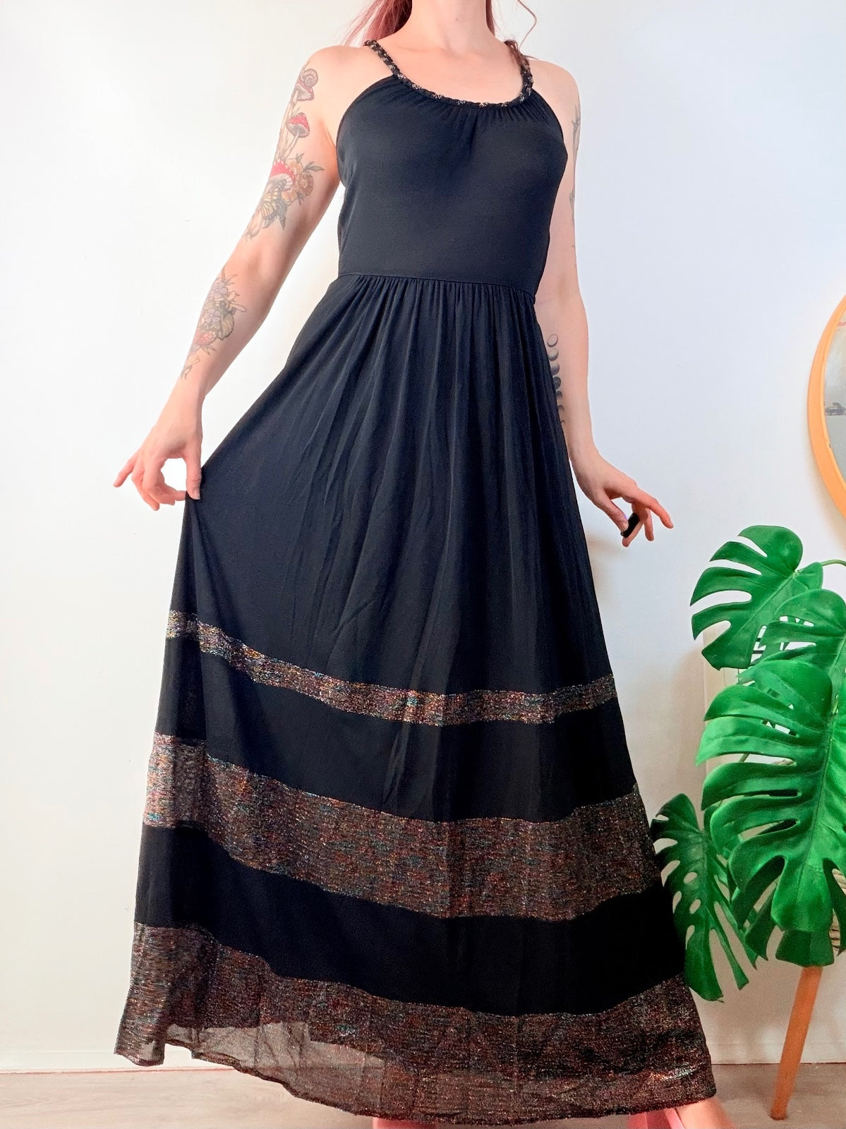 Vintage 1970s Maxi Dress Black Retro Party Dress with Glitter Stripes Size 10