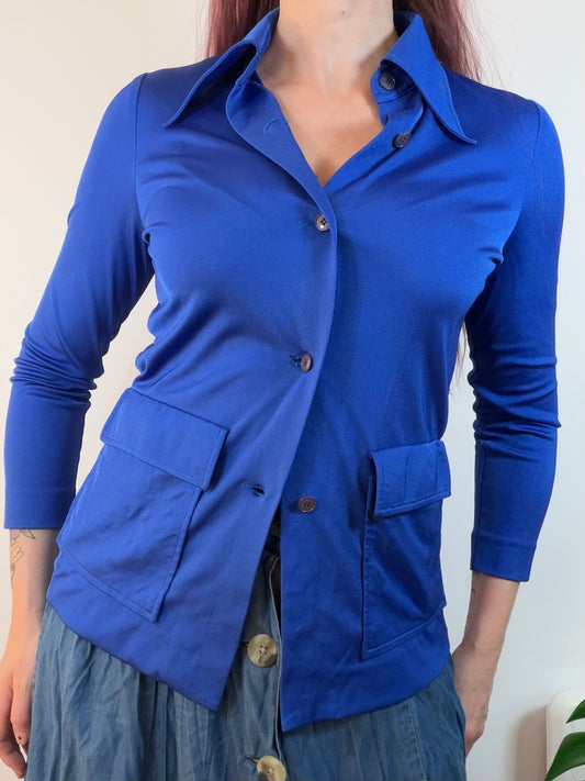 Vintage 1970s Shirt Blue Retro Blouse Blazer with Pockets Size 10