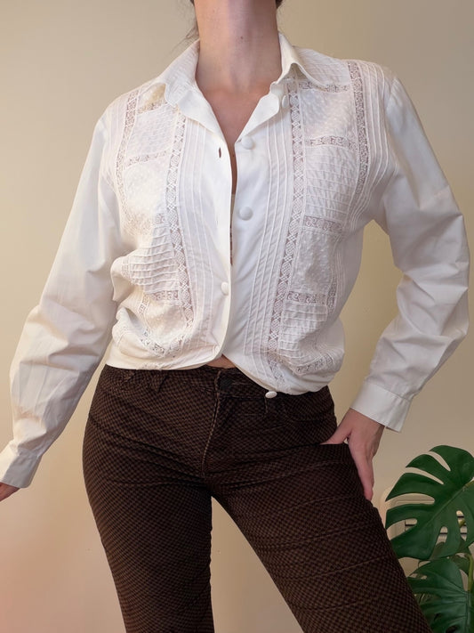 Vintage Cottagecore oversized Blouse White Lace Panelled Shirt Size 12