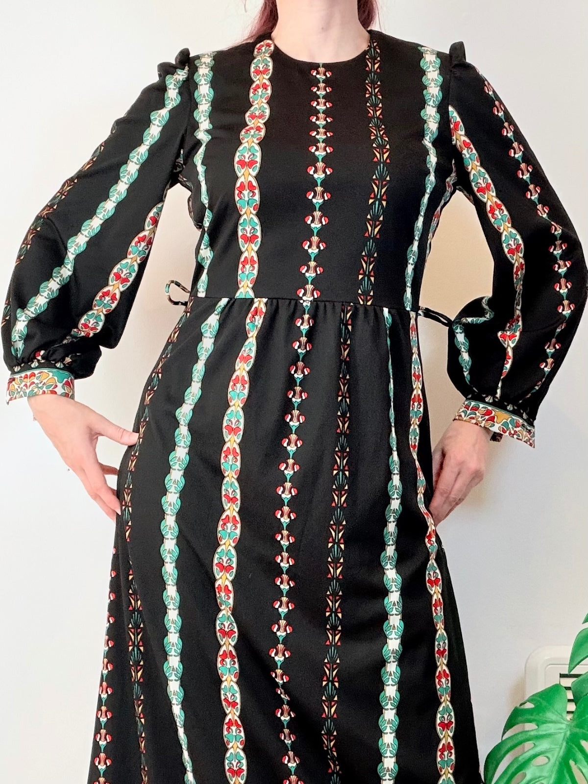 Vintage 1970s Maxi Dress Long Hippie With Stripes and Balloon Sleeves Size 12