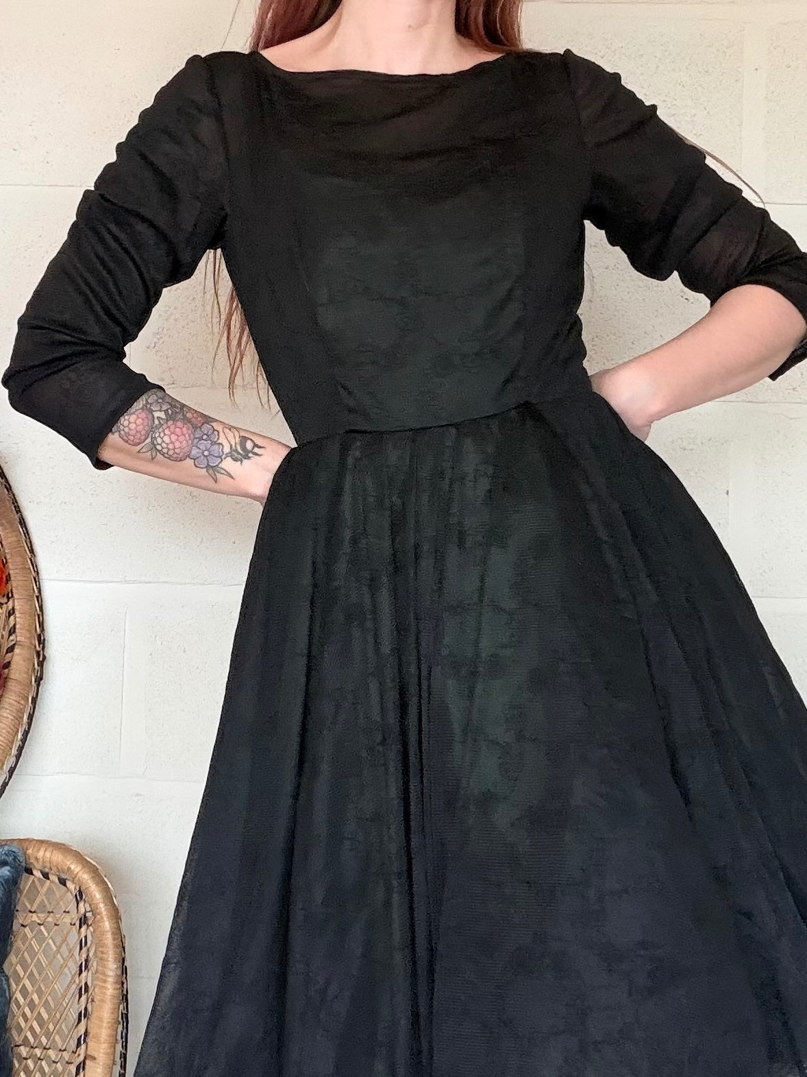Vintage 1980s Party Dress Black Long Sleeve Midi Dress with Green Lining Size 10