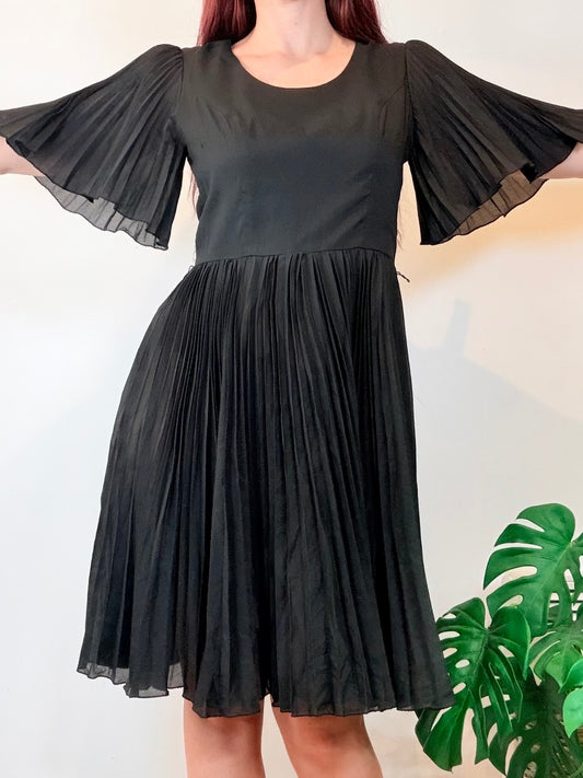 Vintage Day Dress Black Pleated Midi Dress with Flared Sleeves Size 12