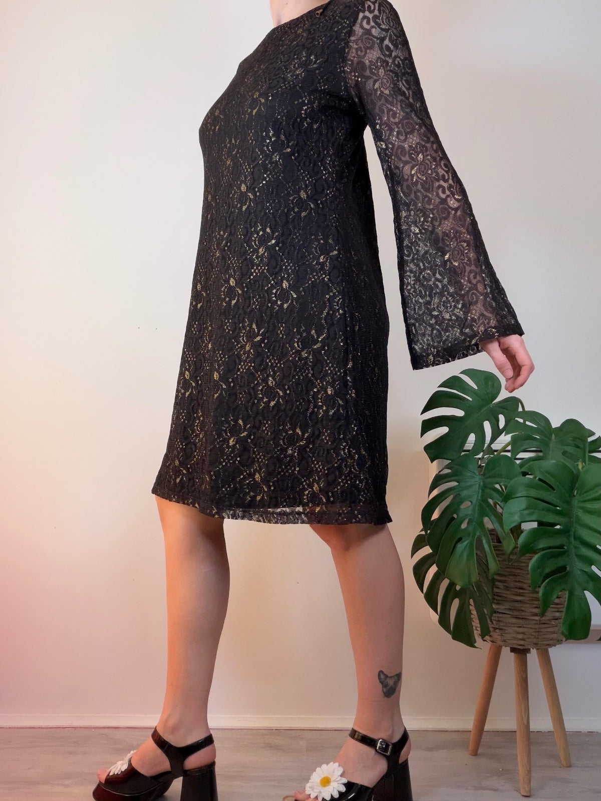 Lace Bell Sleeve Dress with Open Back Black Party Dress Size 14