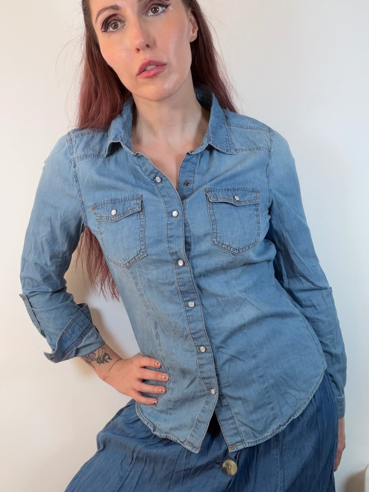 Vintage Fitted Denim Shirt with Brown Elbow Patches Long Sleeve Size 12 to 14