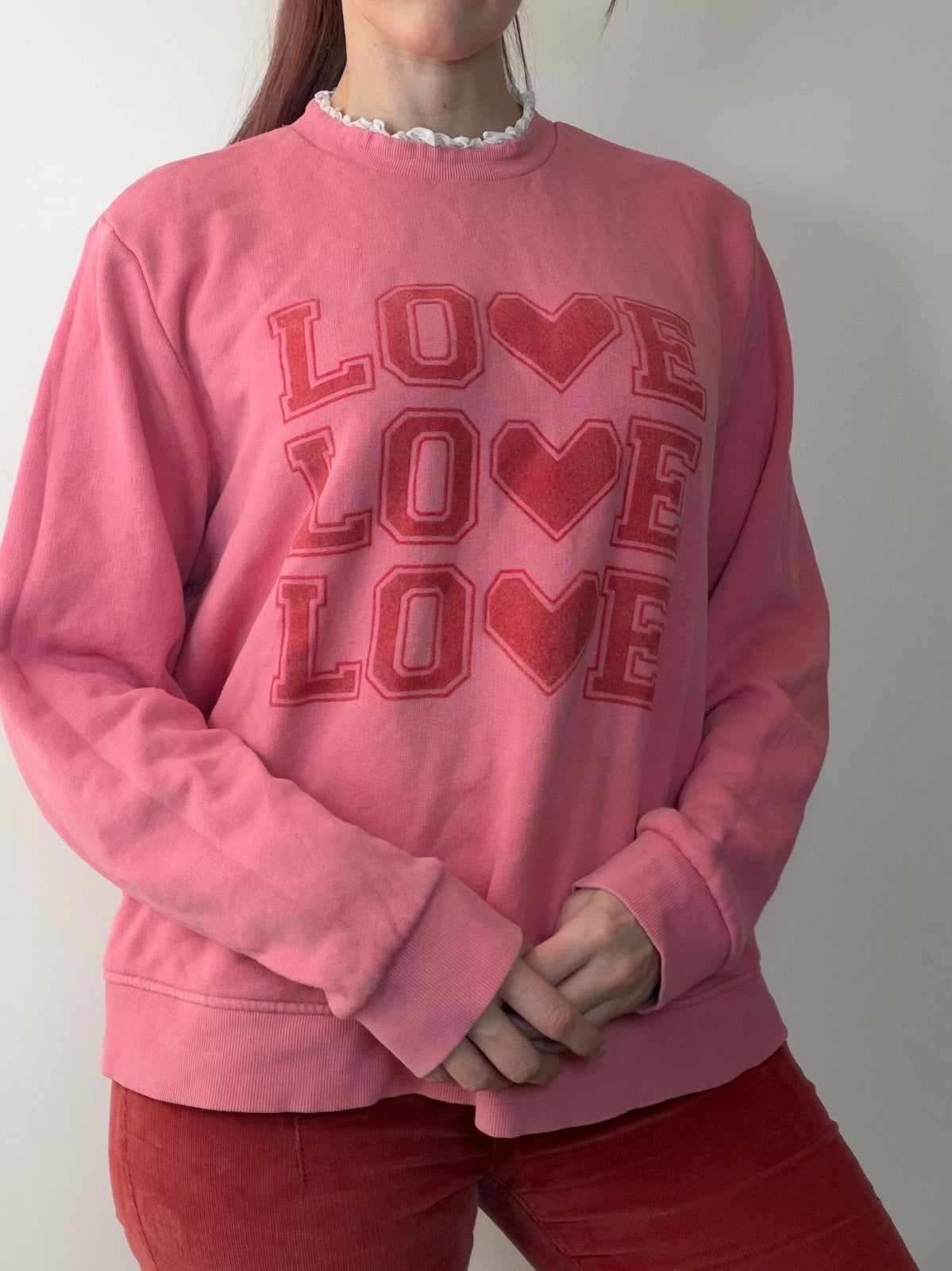Pink LOVE Heart Jumper By Next Frilly Cotton Graphic Sweatshirt Size L 14 to 16