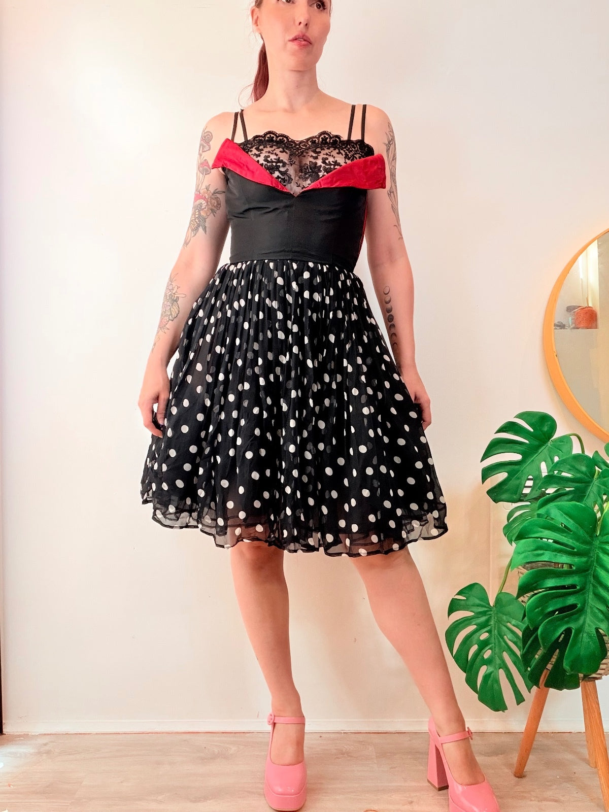 Vintage 1980s Party Dress Black Polka Dot 1950s Style Rockabilly Lace Size 8