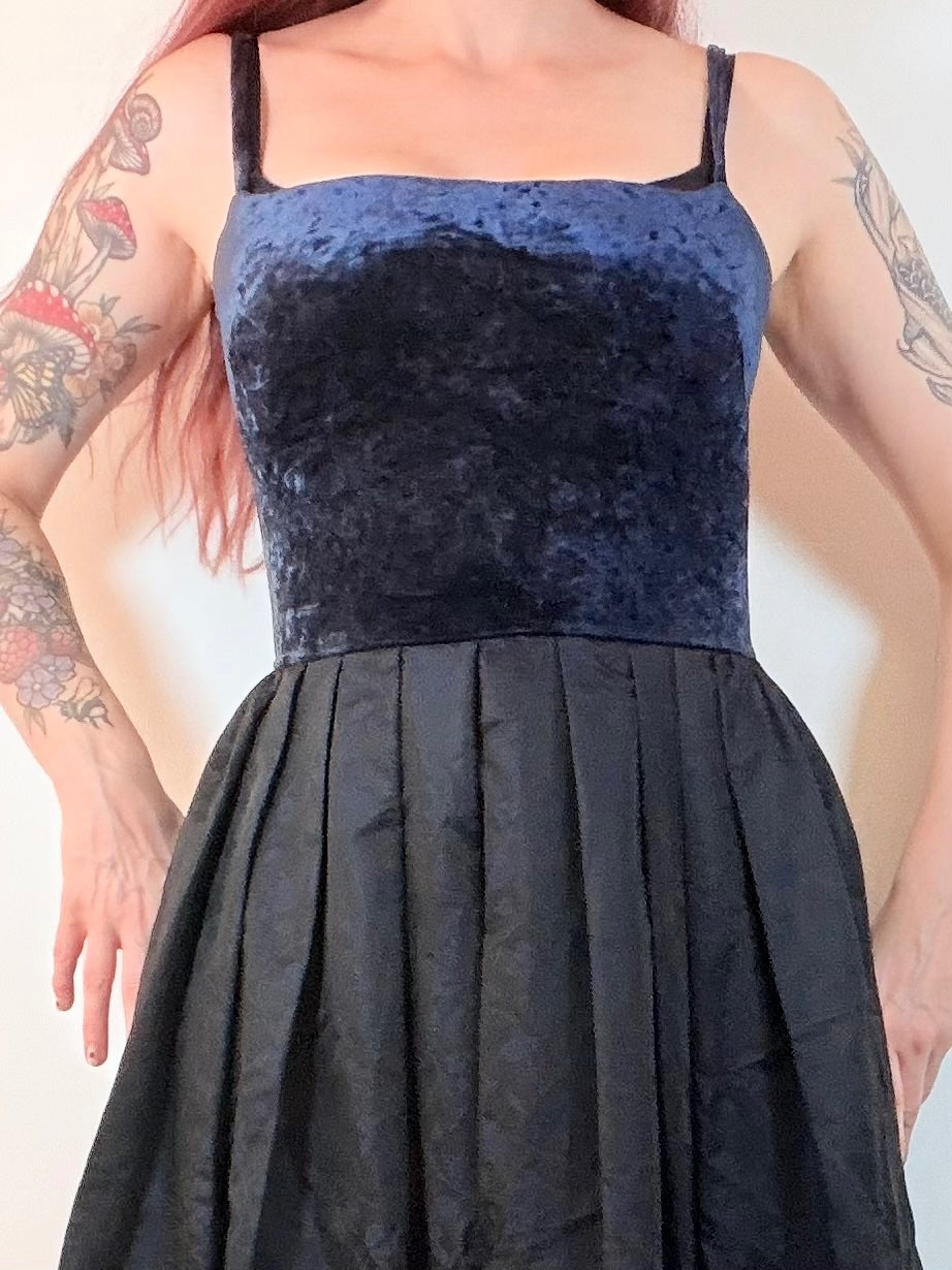 Vintage 1990s Cocktail Dress Velvet and Jacquard Maxi with Pleated Skirt Size 12