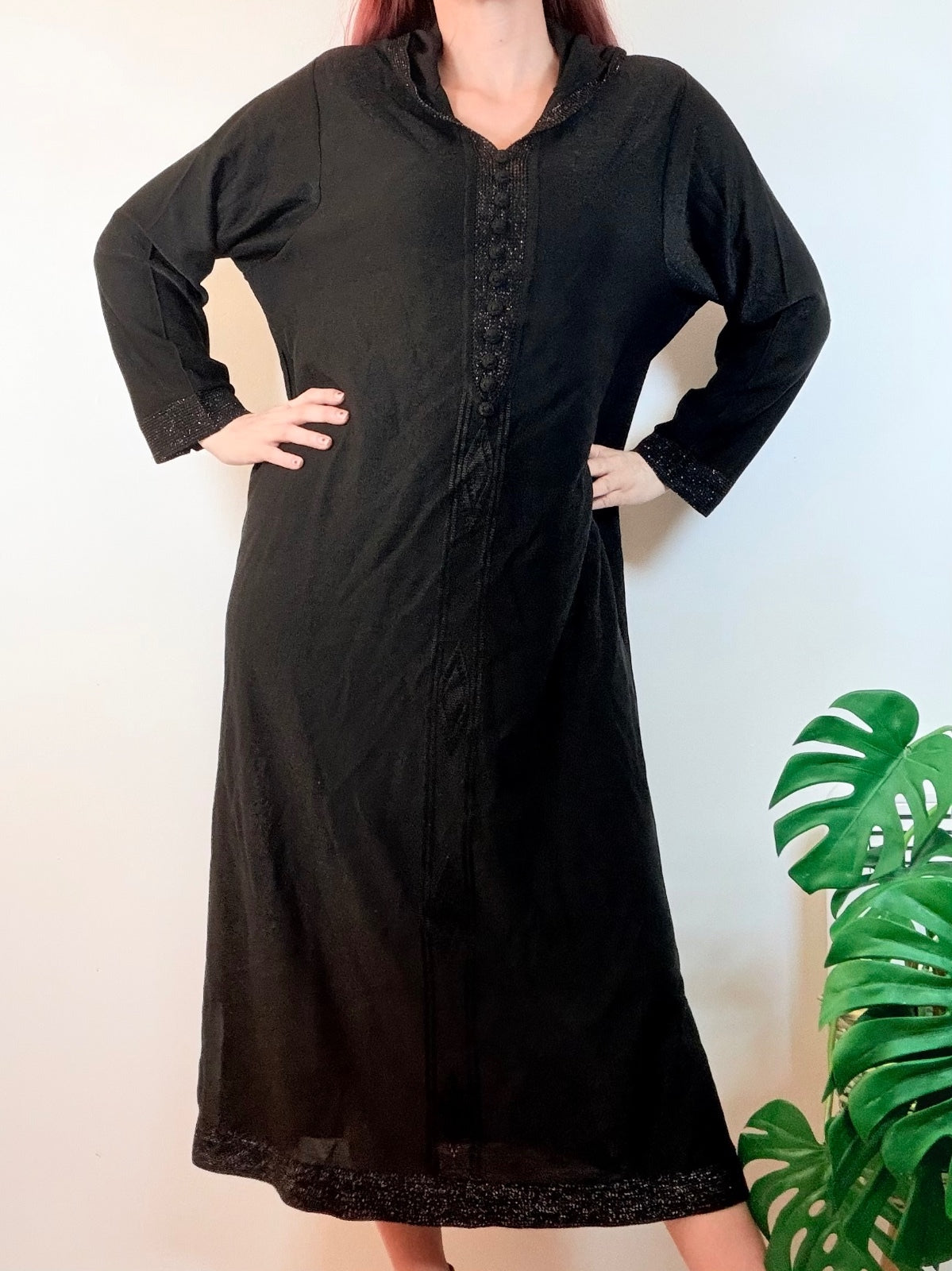 Vintage Black Hooded Kaftan Maxi Dress with Intricate Trim Size L 16 20