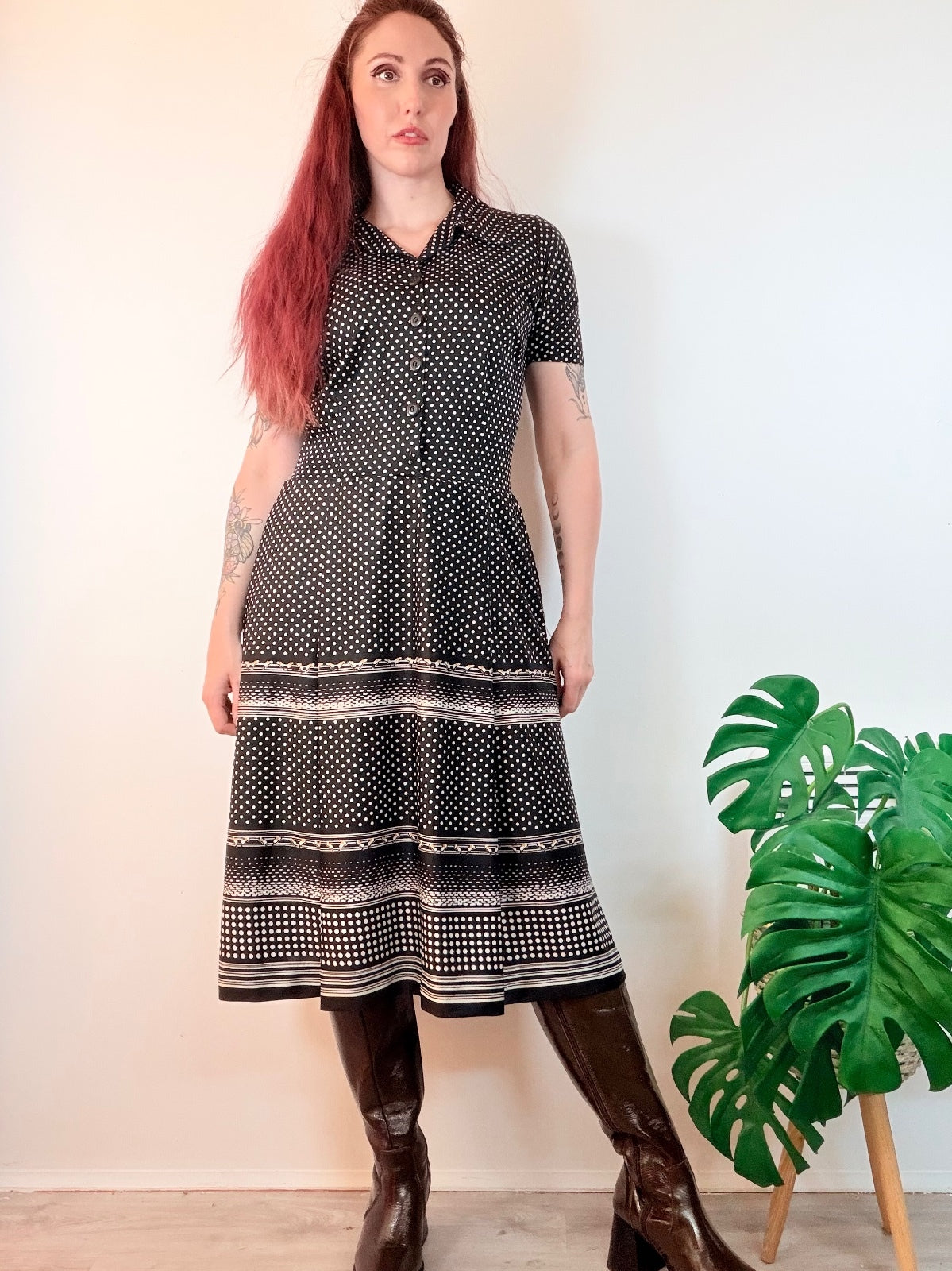 Vintage 1970s Shirt Dress Black and White Polka Dot Midi with Collar Size 14