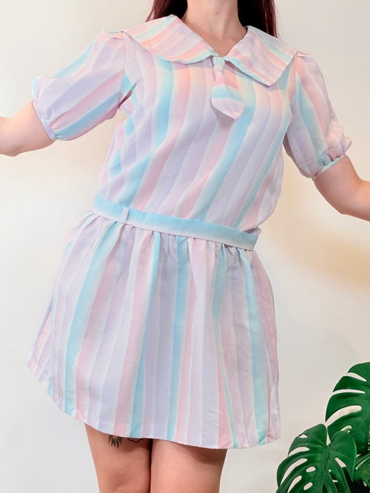 Vintage 1980s Mini Dress Striped Short oversized with Peter Pan Collar Size