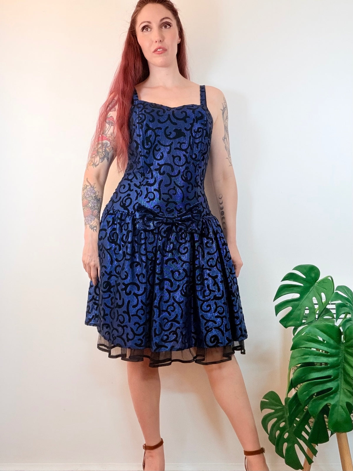 Vintage 1980s Party Dress Navy Blue Velvet Whimsigoth with Bow Detail Size 14