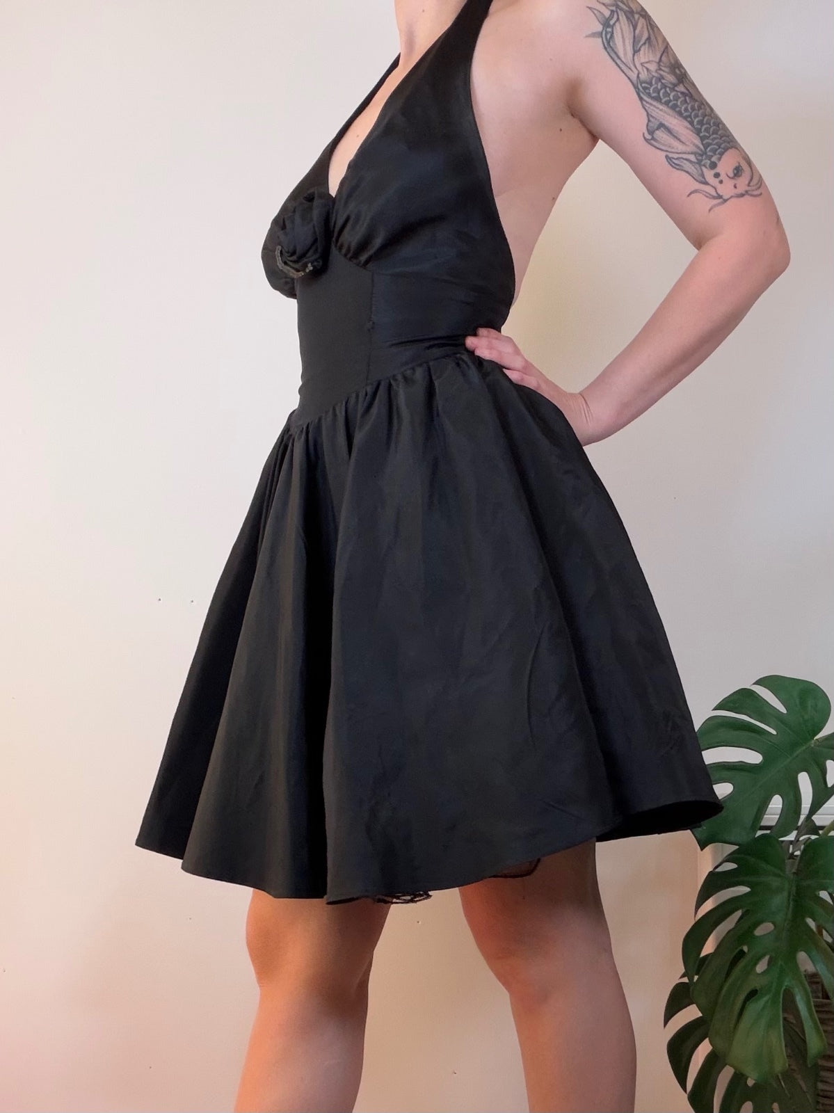 Vintage Black Halter Dress with Flower embellishment and Full Skirt Size 8