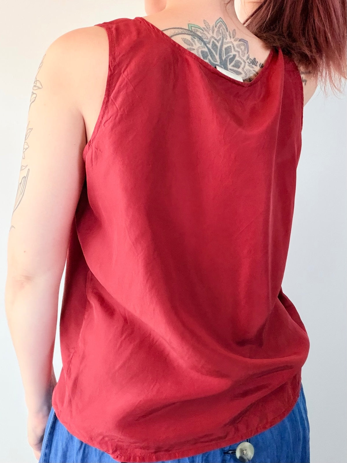 Vintage 1990s Silk Blouse Red Sleeveless Top with Embroidered Neckline Size 14