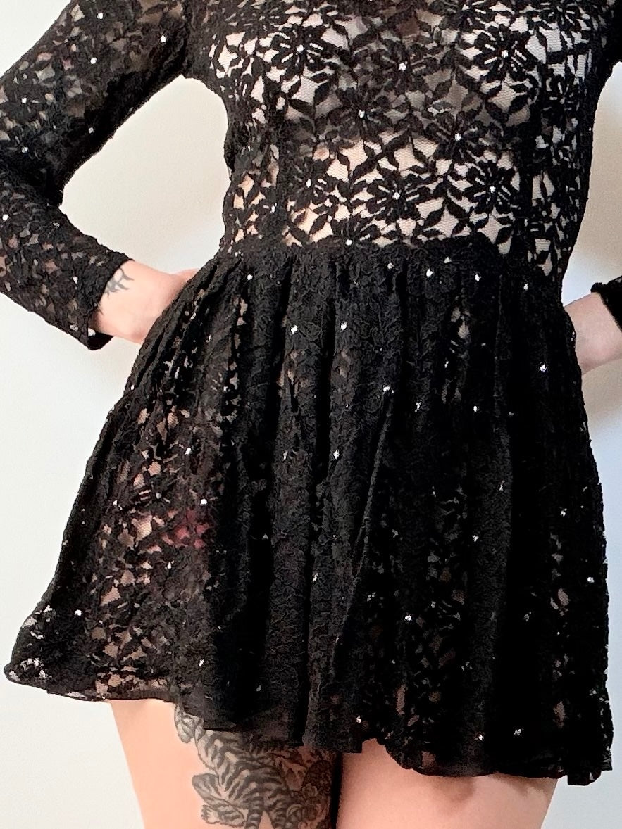 Vintage 1980s Sheer Party Dress Black Lace Mini Sparkly Long Sleeves Size 8