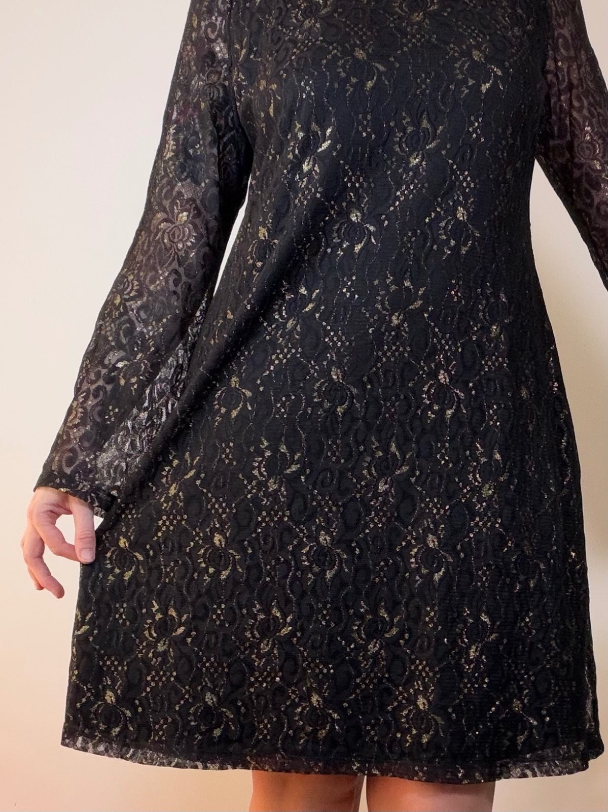 Lace Bell Sleeve Dress with Open Back Black Party Dress Size 14