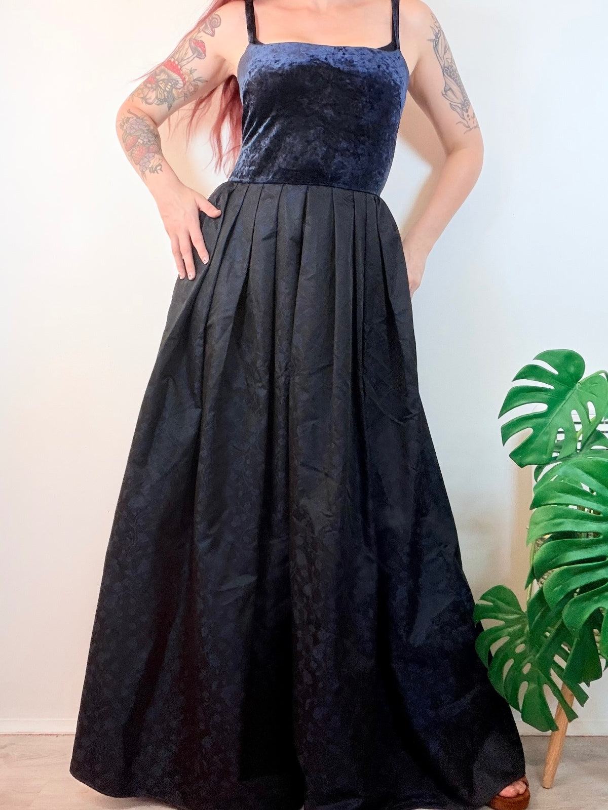 Vintage 1990s Cocktail Dress Velvet and Jacquard Maxi with Pleated Skirt Size 12