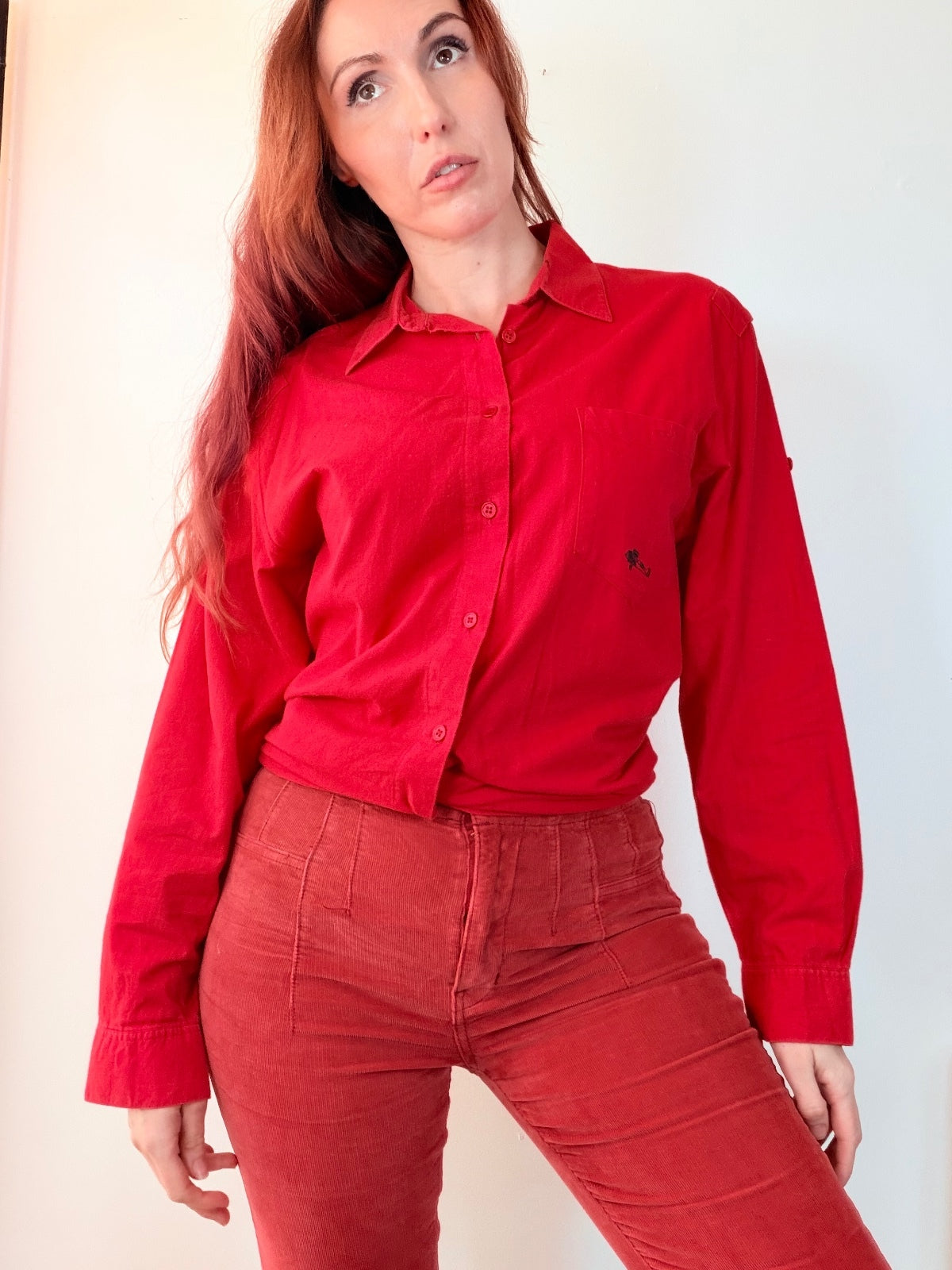 Red Long Sleeve Shirt 100% Cotton with Embroidered Plane Pocket Size 12 to 14