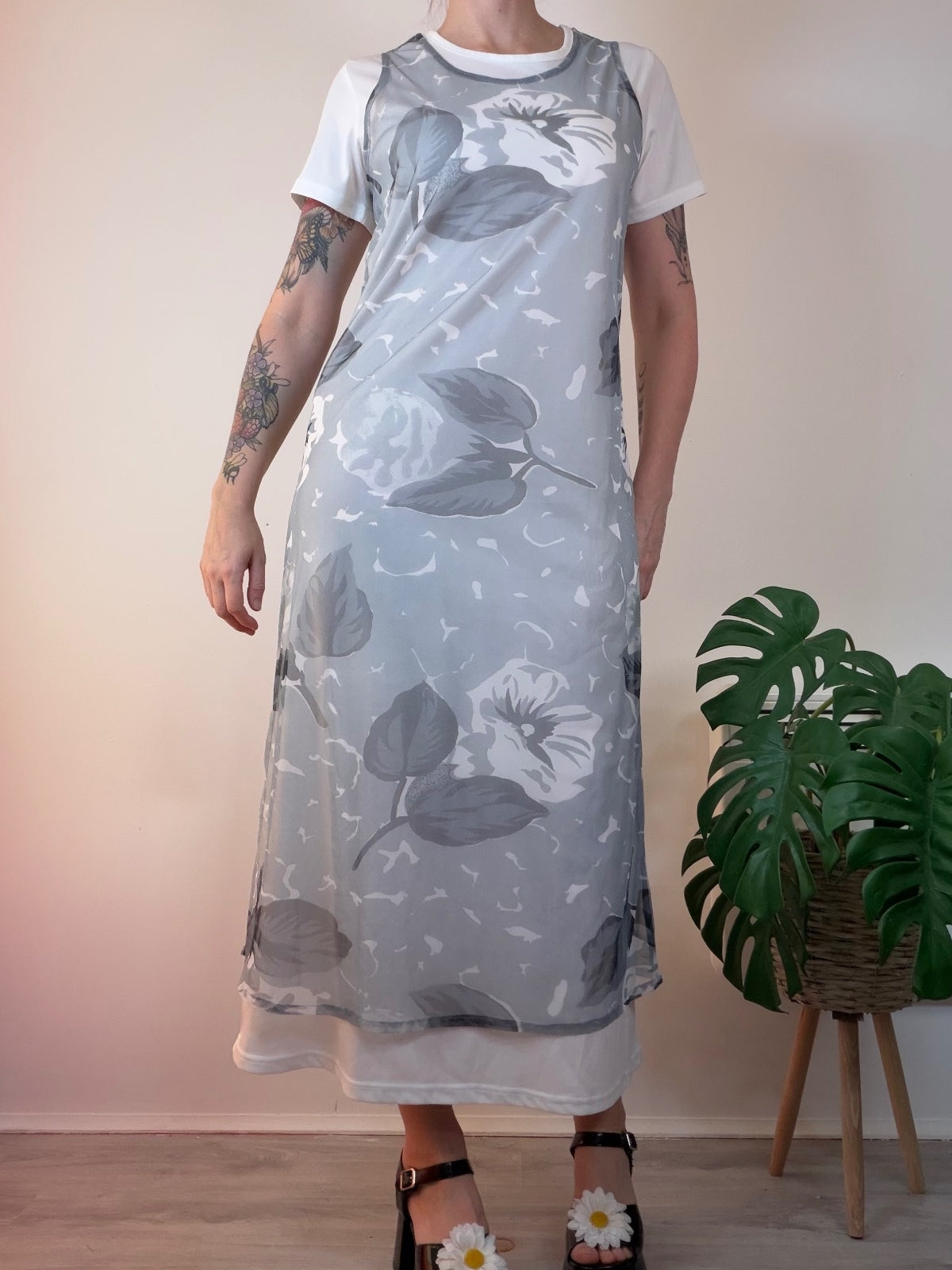 Layered Floral Maxi Dress with Sheer Overlay Grey White Y2K Style Size 14