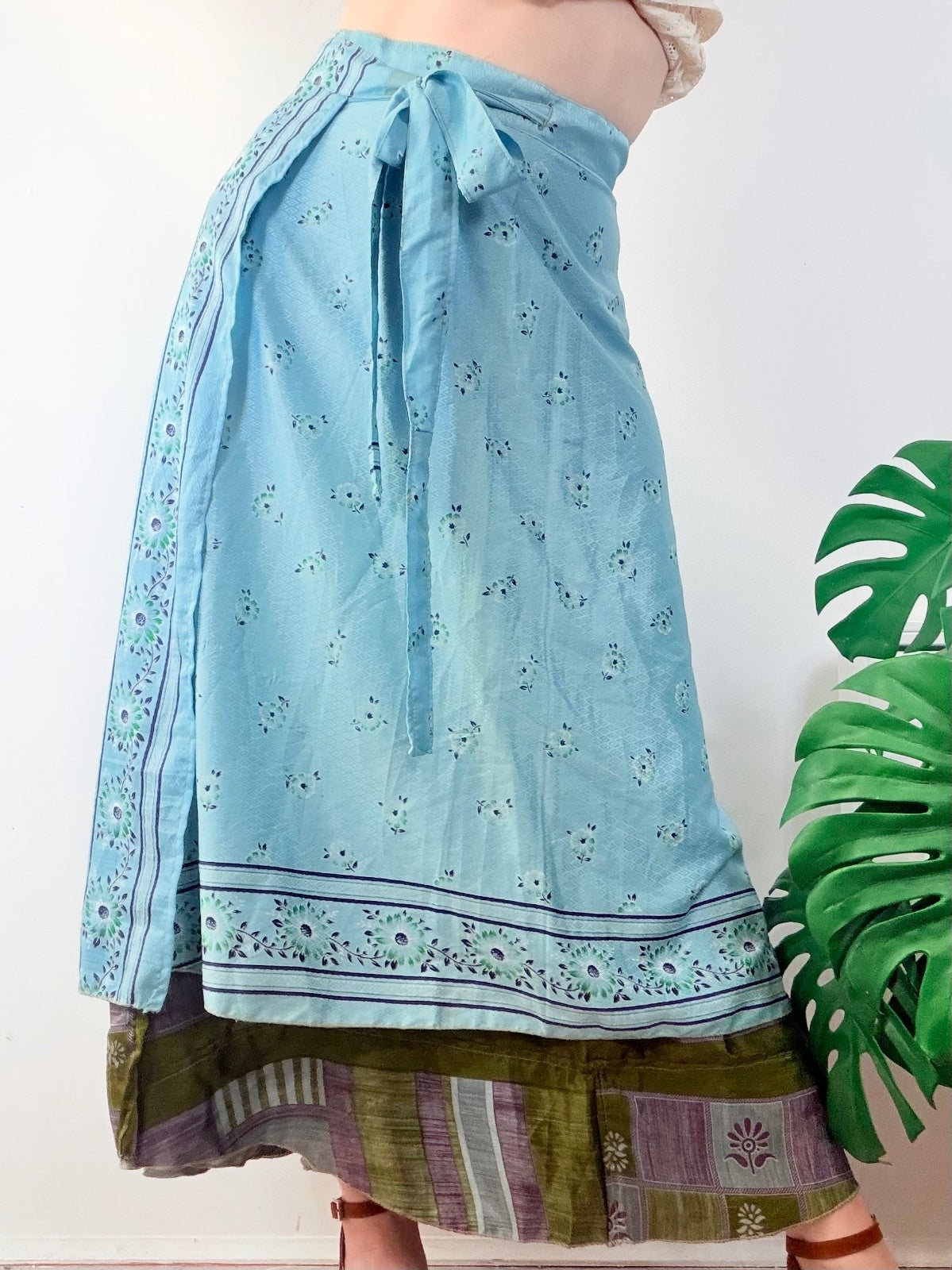 Bohemian Two Layer Wrap Skirt in Blue and Green Handmade Sari Rework free size