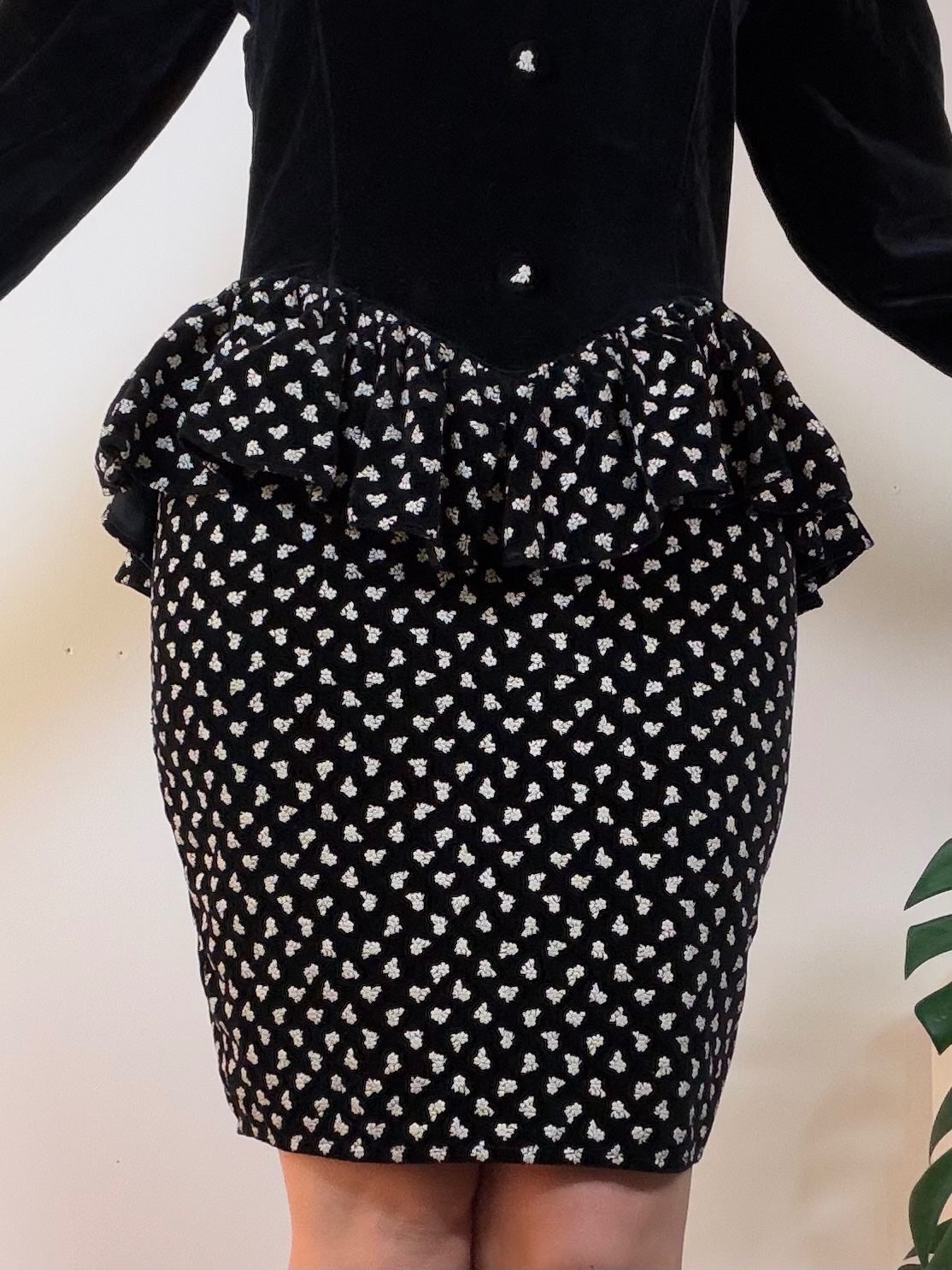 Vintage 1980s Cocktail Dress Black Velvet Peplum Dress with Ditsy Print Size 12