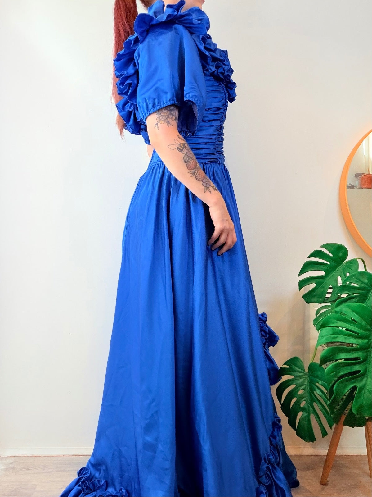 Vintage 1980s Ball Gown Evening Ruffled Maxi Dress with Puff Sleeves Size 12