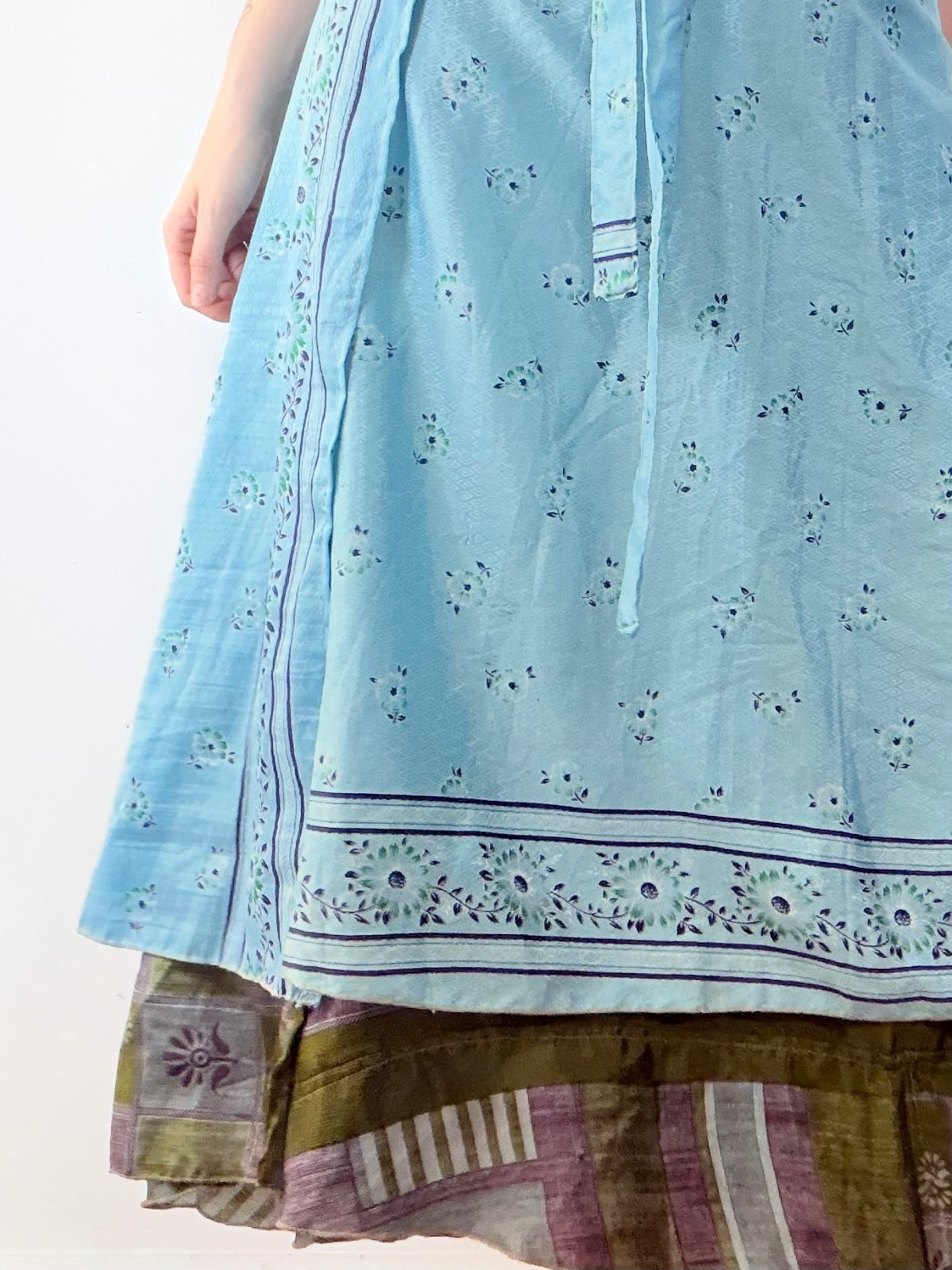 Bohemian Two Layer Wrap Skirt in Blue and Green Handmade Sari Rework free size