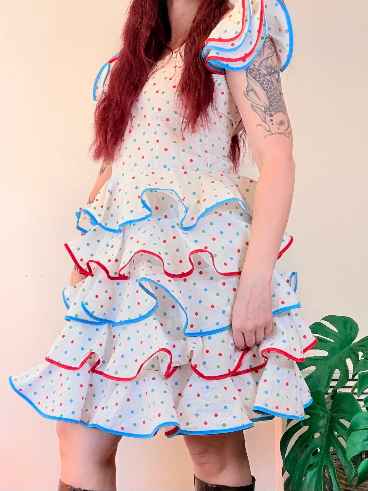 Vintage 1980s Party Dress Polka Dot Ruffled Dress with Puff Sleeves Size 6