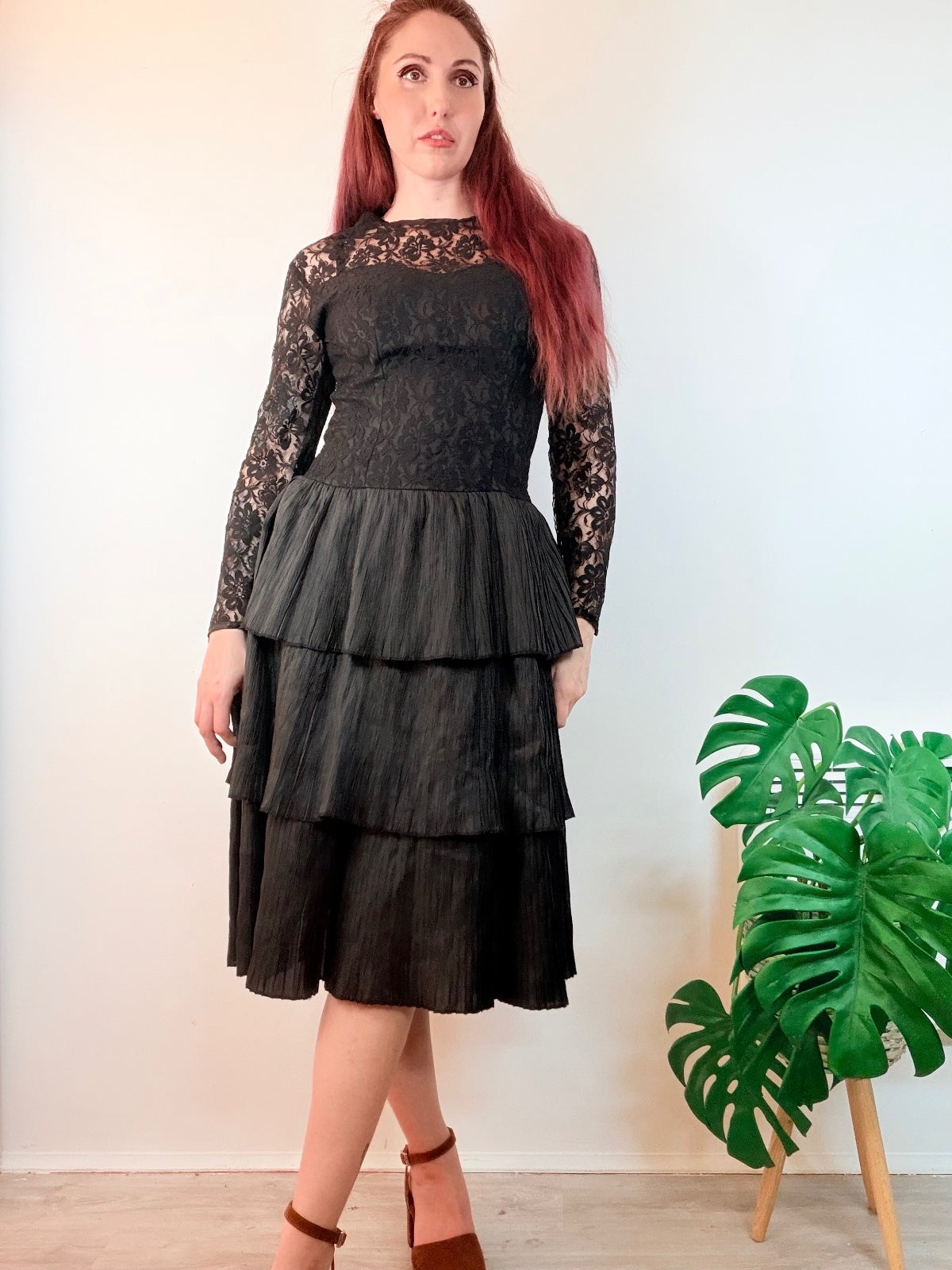 3 Suisses Party Dress Black Lace and Tiered Skirt Midi Dress Size 12