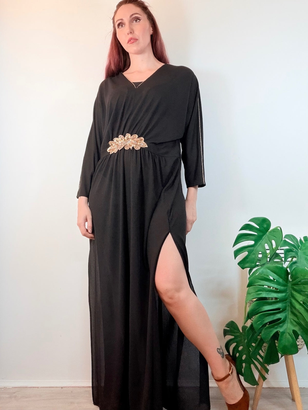Vintage 1980s Maxi Dress with Gold Sequin Waist Detail and Side Slit Size 18 20