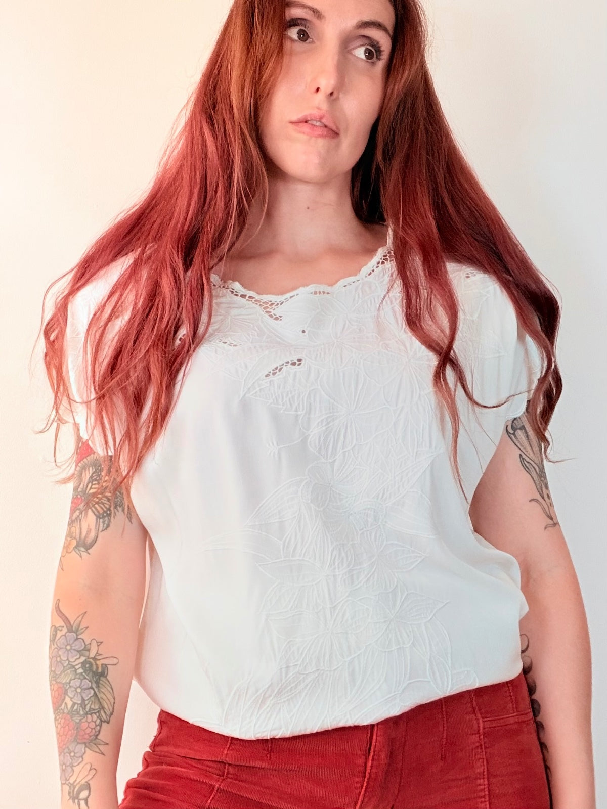 Vintage 1990s Embroidered Tunic Top with Lace Detail Size 16 to 18