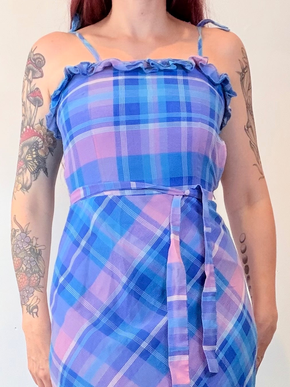 Vintage 1960s Prairie Dress Blue Pink Plaid Maxi Dress with Ruffles size 8 10