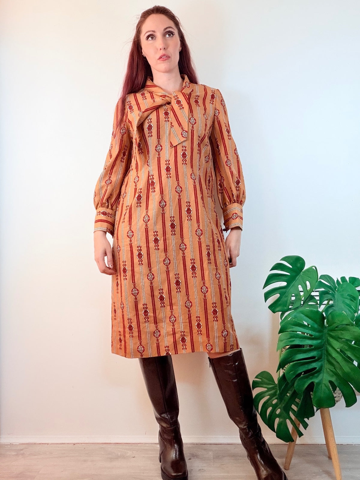 Vintage 1970s Shirt Dress with Bow Tie Neck and Long Sleeves Size 14