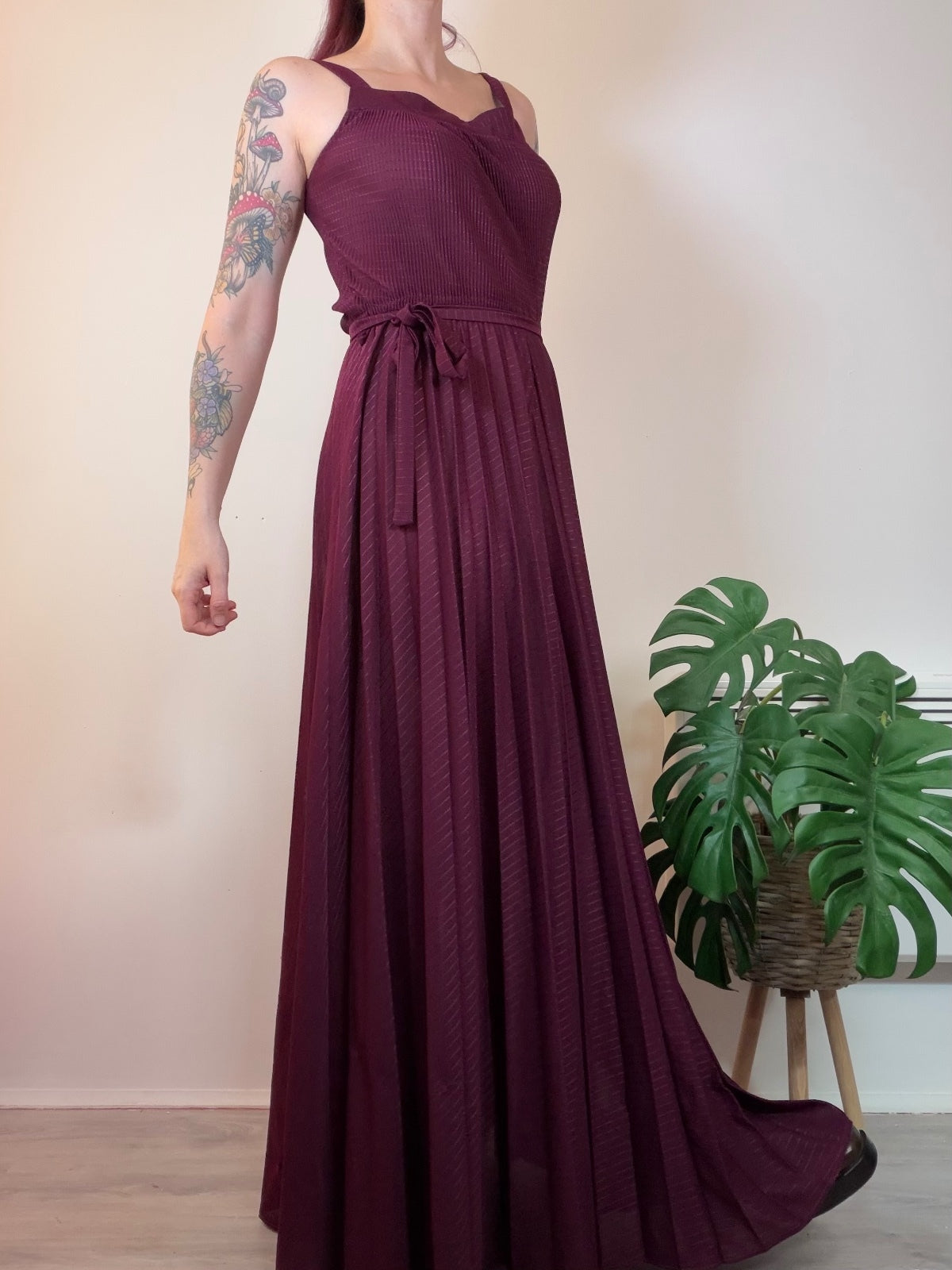Vintage 1070s Maxi Dress Sheer Burgundy long Dress with Pleated Skirt Size 12 14